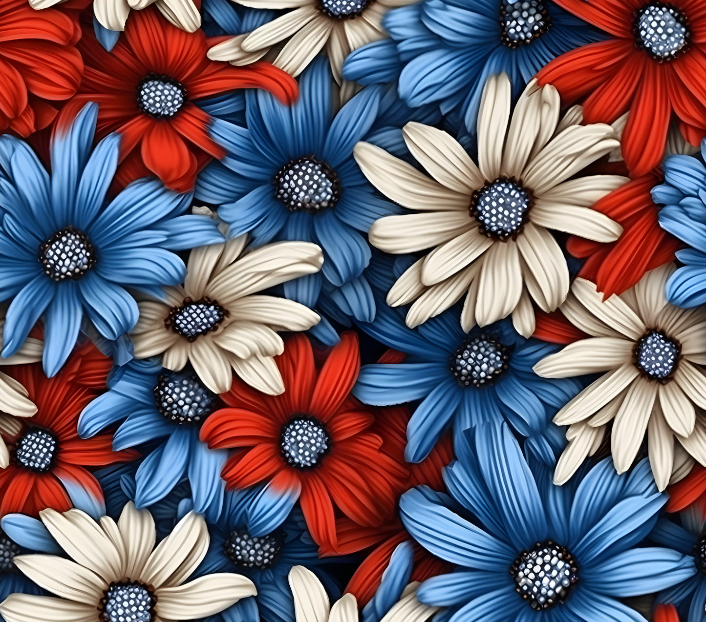 Red, blue, and white daisies