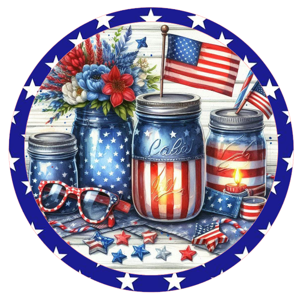 Mason jars, American flags, and flowers