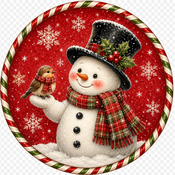 Round metal wreath sign featuring a classic snowman, a bird and a peppermint strip border by Monkey's Creations.