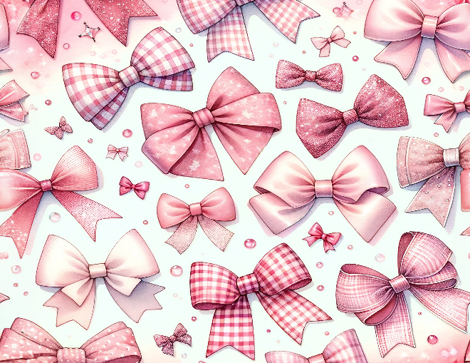 Pattern of pink bows with various designs on a white background