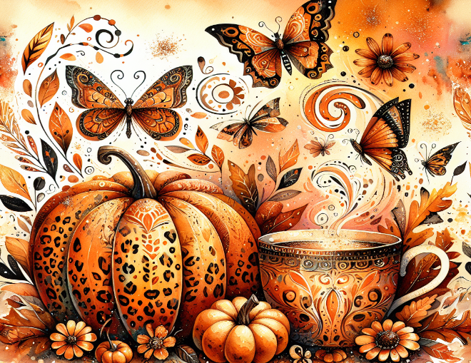 Autumn-themed illustration with pumpkins, butterflies, and a cup.
