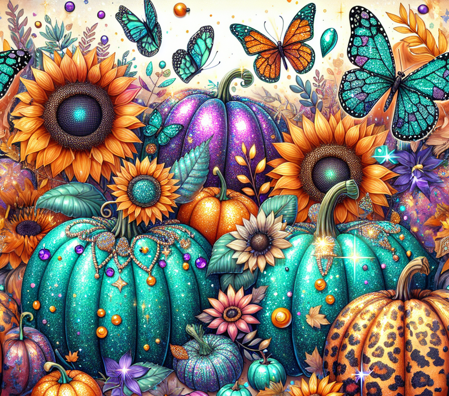 Rectangle fall themed metal wreath sign with bejeweled pumpkins, sunflowers, foliage and butterflies by Monkey's Creations.
