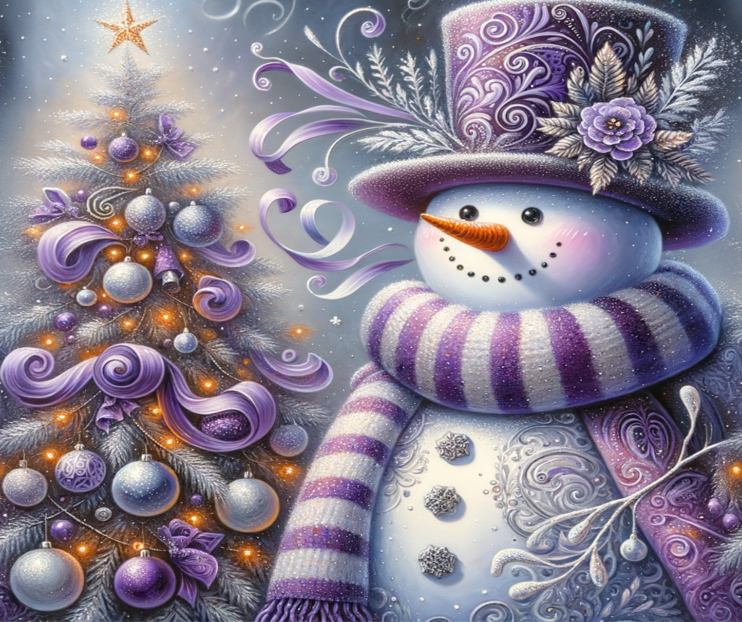 Snowman with a purple hat and scarf next to a Christmas tree with purple ornaments.