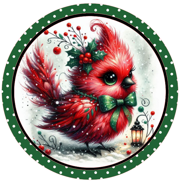 red cardinal bird wearing a wreath on a round white background
