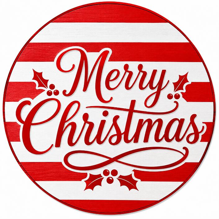 Round metal wreath sign by Monkey's Creations with red and white stripes and holly leaves and berries with Merry Christmas written in the center.