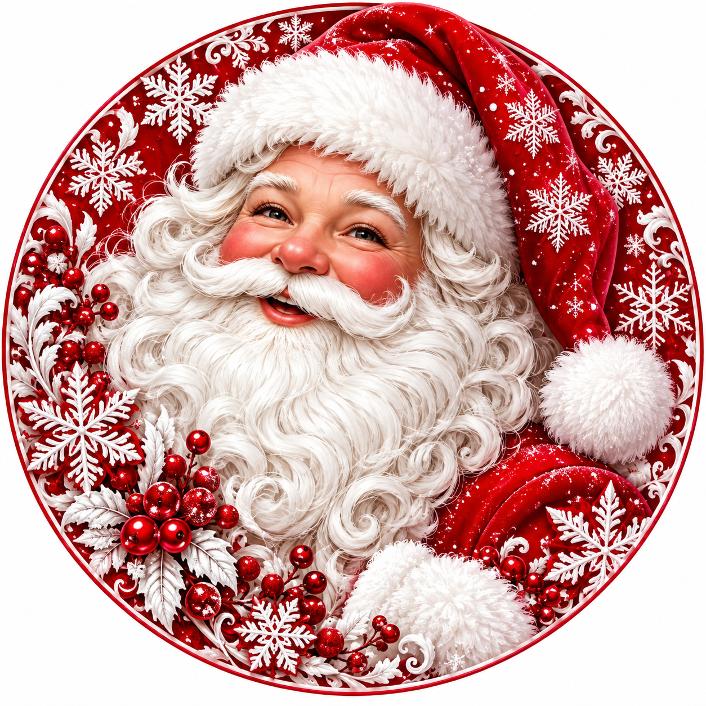 Round metal wreath sign featuring a realistic Santa surrounded by snowflakes, white poinsettia and holly berries by Monkey's Creations.