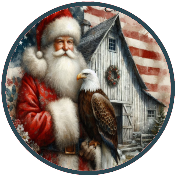 Circular image of Santa Claus with an eagle and a barn in the background, featuring an American flag.
