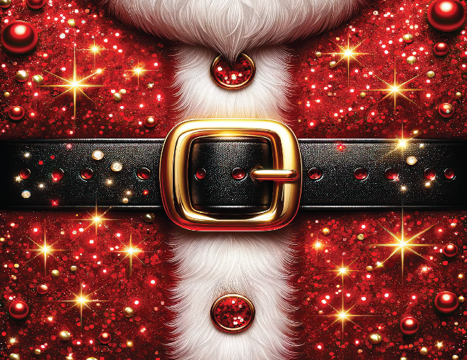 Santa Claus outfit with a gold buckle on a red glittery background