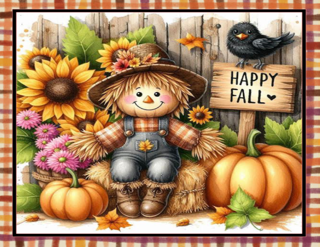 Autumn-theme scarecrow, pumpkins, and 'Happy Fall' sign