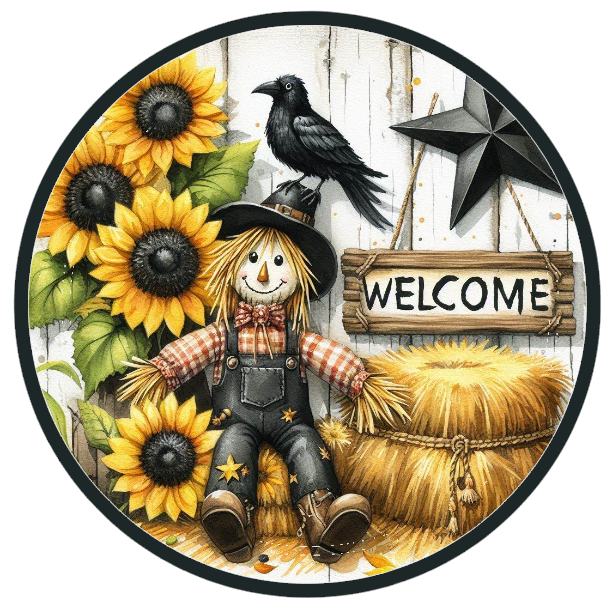 Scarecrow, sunflowers, and 'Welcome' sign