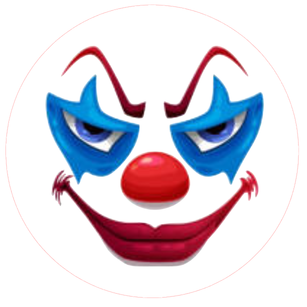 Scary clown face with blue eyes and red nose