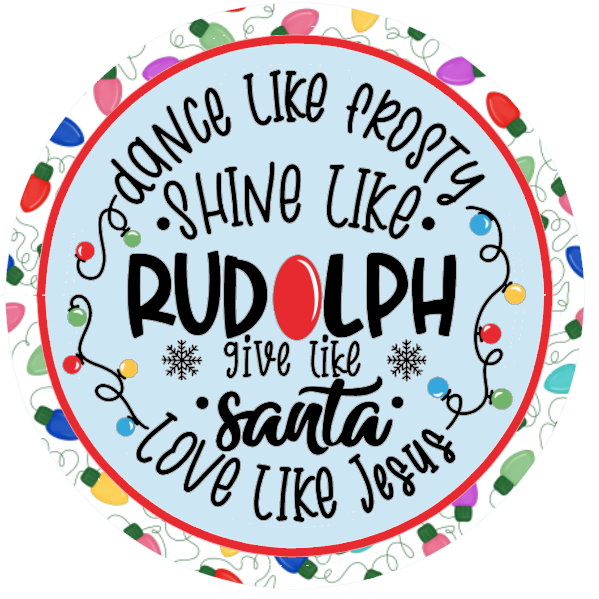 Circular design with Christmas-themed text and lights on a white background