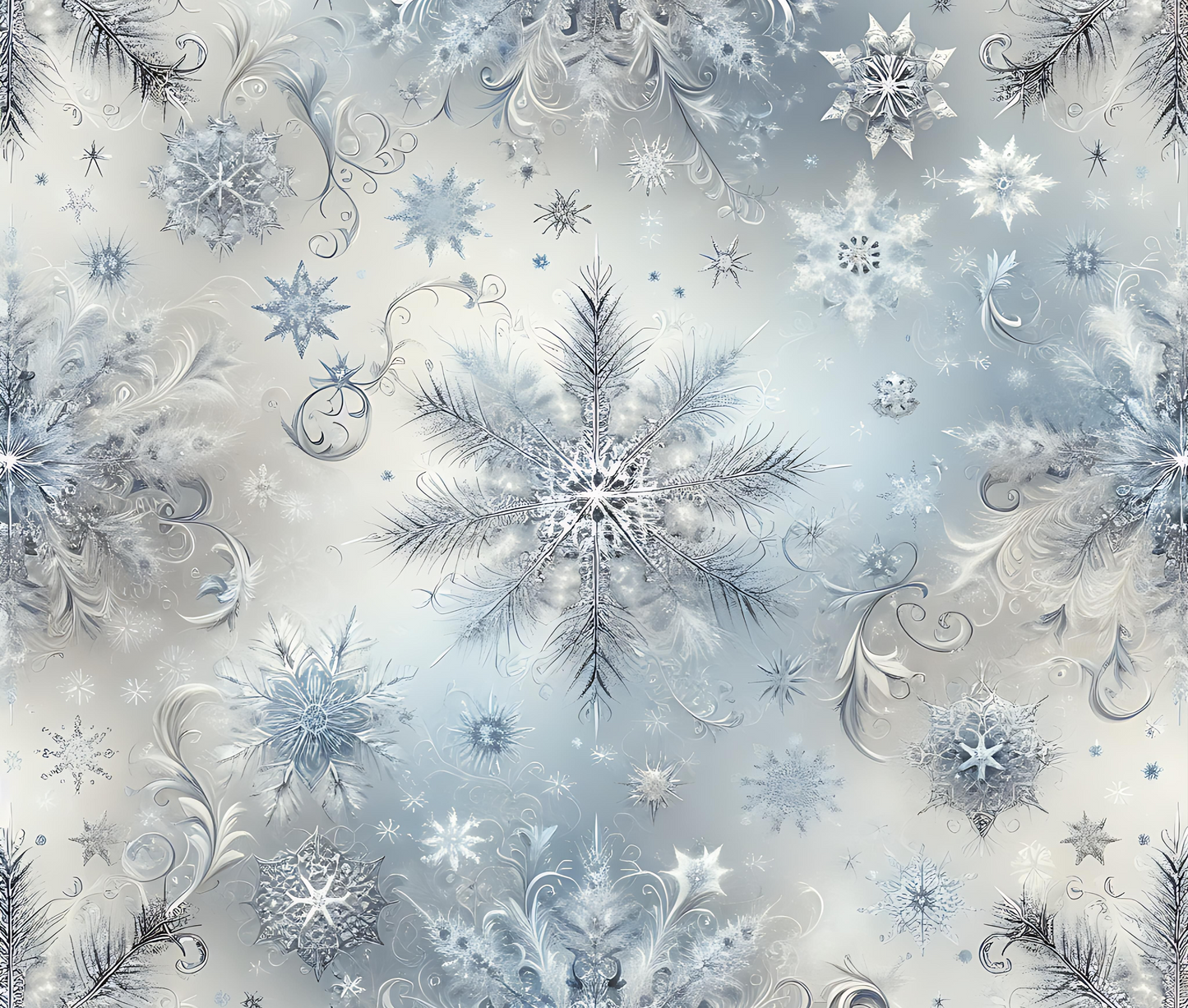 Pattern of snowflakes and decorative elements on a light blue background