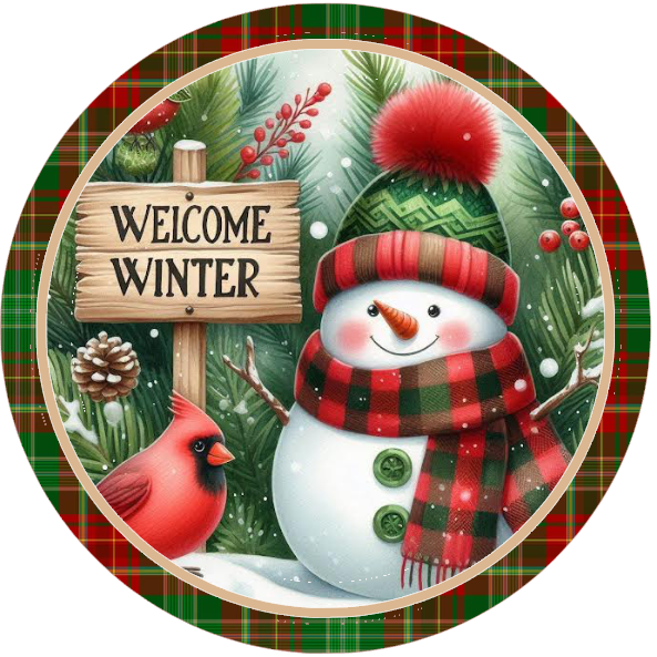 Christmas-themed image with snowman, cardinal, and 'Welcome Winter' text on a white background.