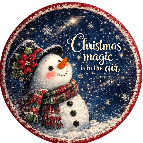 Round metal wreath sign featuring a snowman with the text "Christmas magic is in the air" by Monkey's Creations.