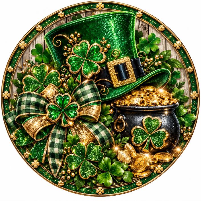 Round metal wreath sign by Monkey's Creations for St Patrick's Day featuring a top hat, bows, shamrocks and a pot of gold all in green glitter and gold.