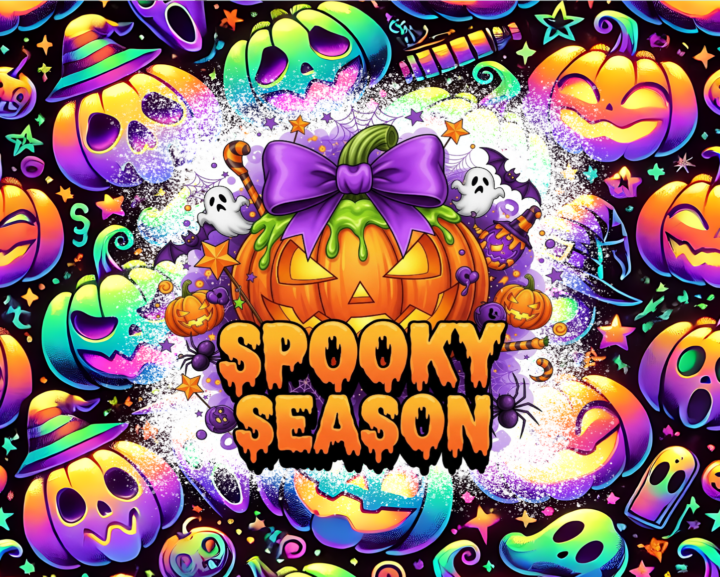 Colorful Halloween-themed design with pumpkins and ghosts