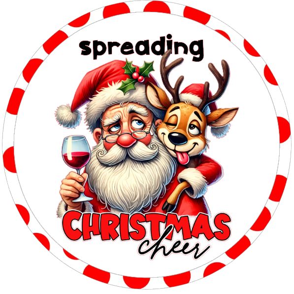 Cartoon Santa Claus and reindeer with 'spreading Christmas cheer' text on a white background