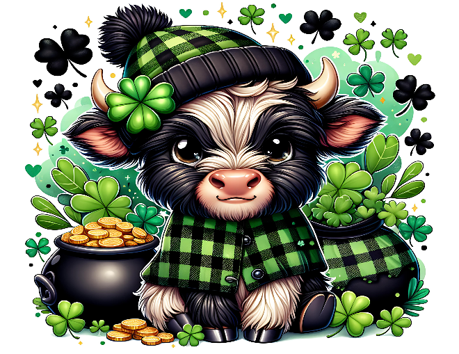 Cartoon cow in a green outfit with a pot of gold and shamrocks
