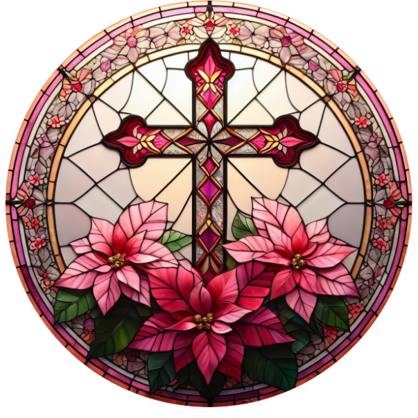 Decorative stained glass panel with a cross and pink flowers