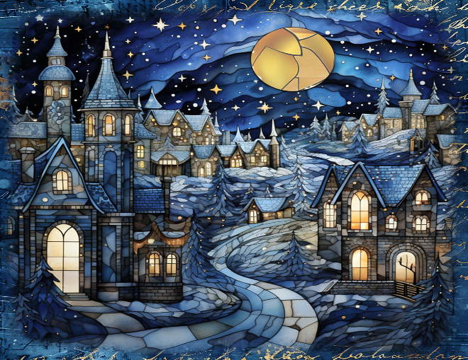 Festive village scene with illuminated houses and a full moon, featuring a blue and gold color scheme.