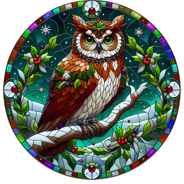 Stained glass-style owl on a branch with a festive background