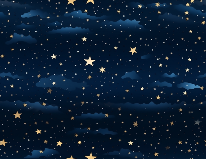 Starry night sky with gold stars and blue clouds on a dark blue background