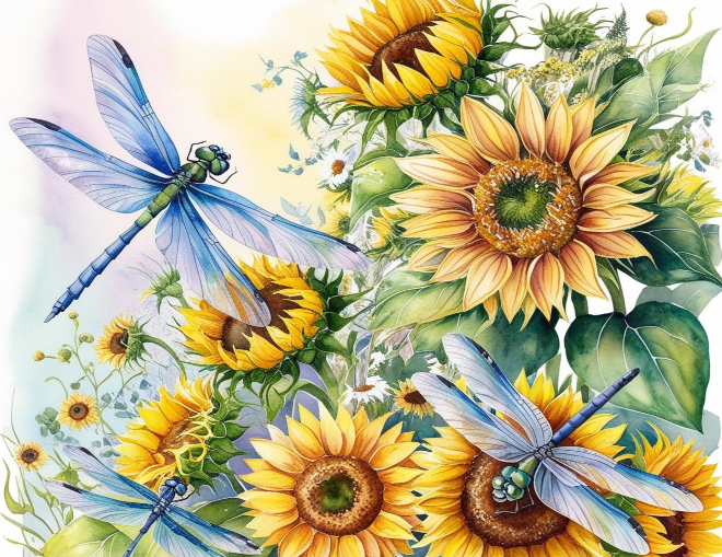 Illustration of sunflowers and dragonflies with a soft, pastel background