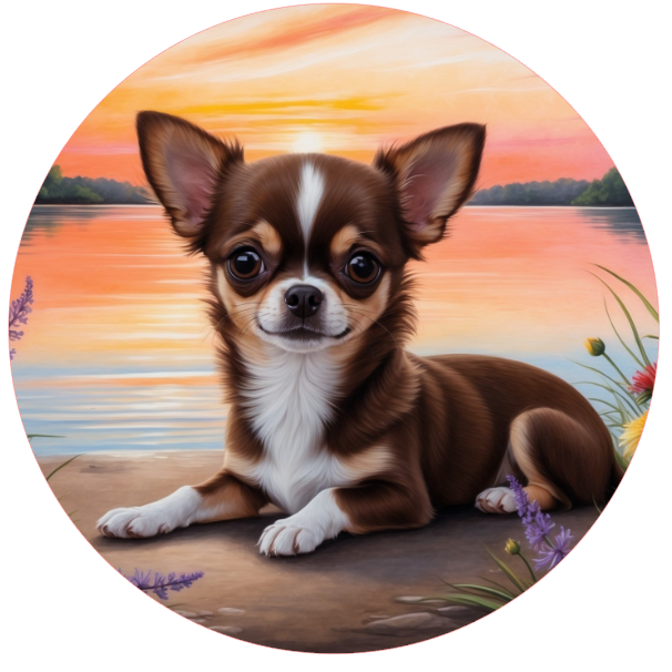 Chihuahua on a beach with a sunset in the background