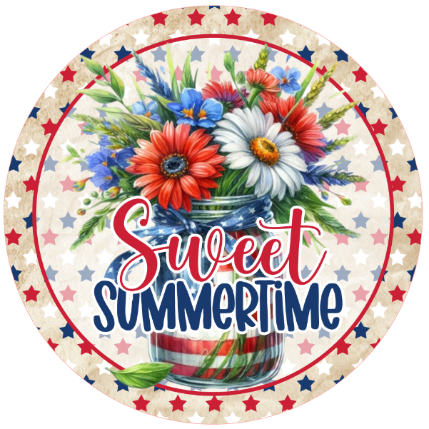 Floral design and 'Sweet Summertime' text with red white and blue stars