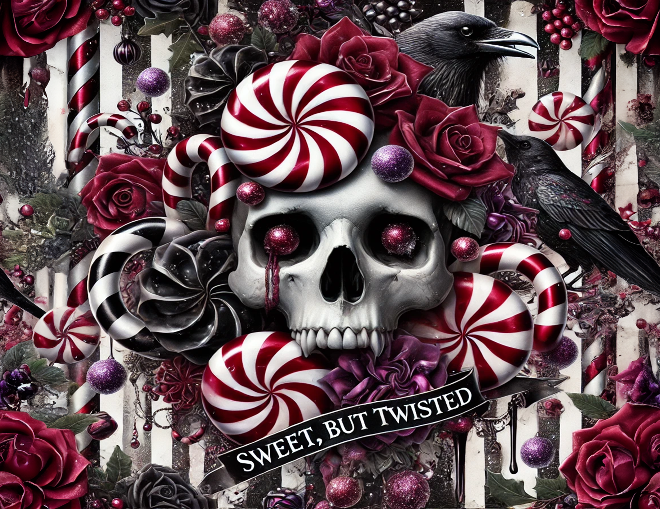 Gothic skull with candy and roses