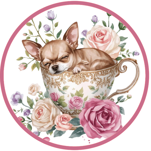 Chihuahua in a teacup surrounded by flowers