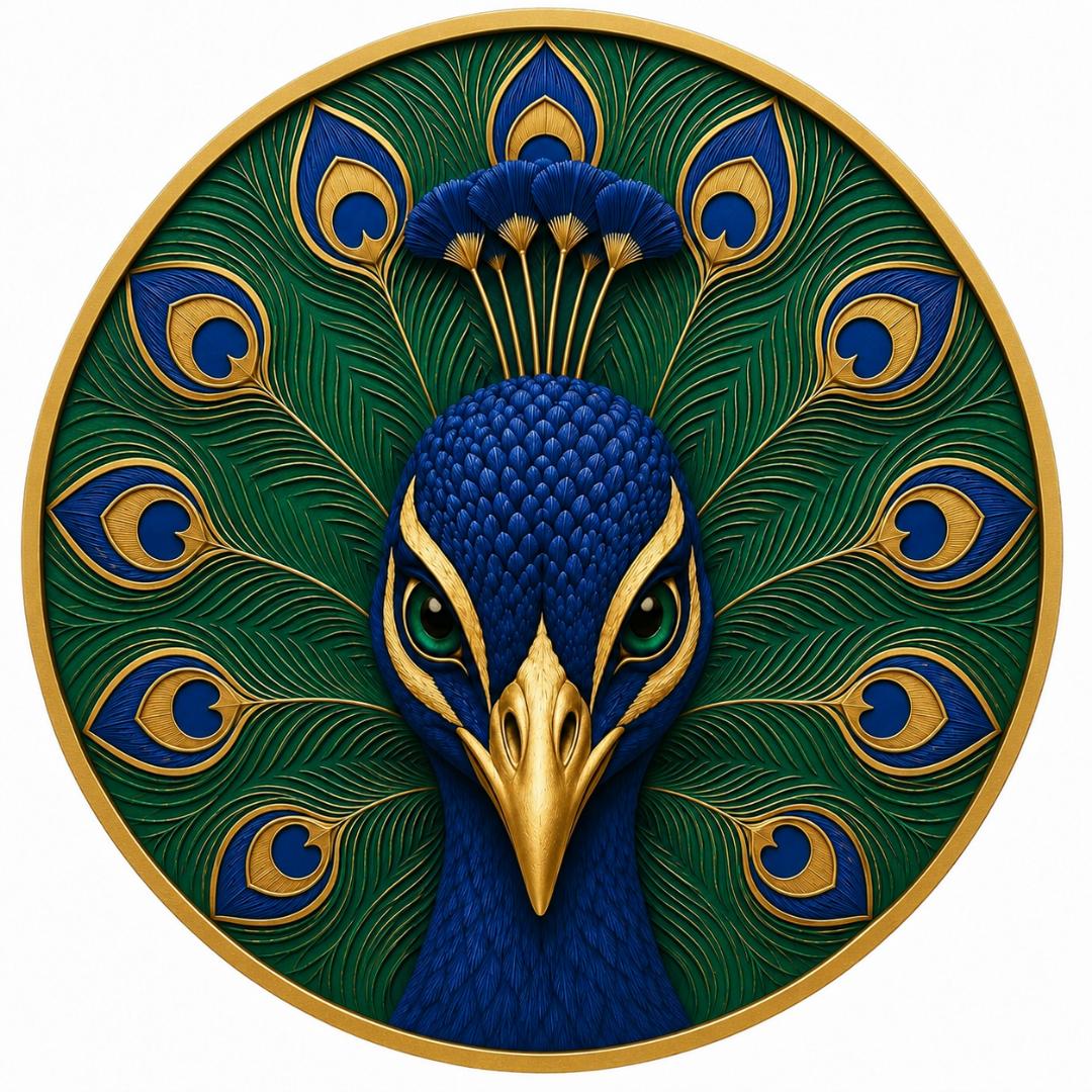 Round metal wreath sign featuring a teal, blue and gold peacock by Monkey's Creations.