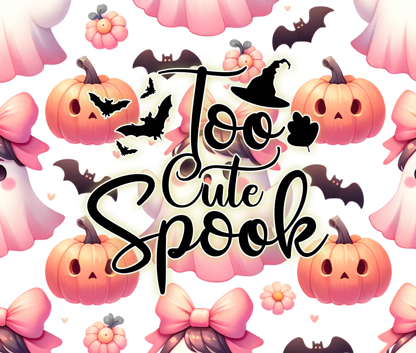 Halloween-themed design with pumpkins, bats, and ghosts on a light background.