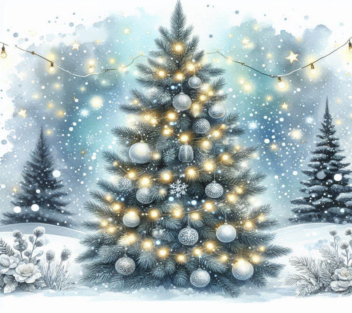 Decorated Christmas tree with lights and ornaments in a snowy landscape