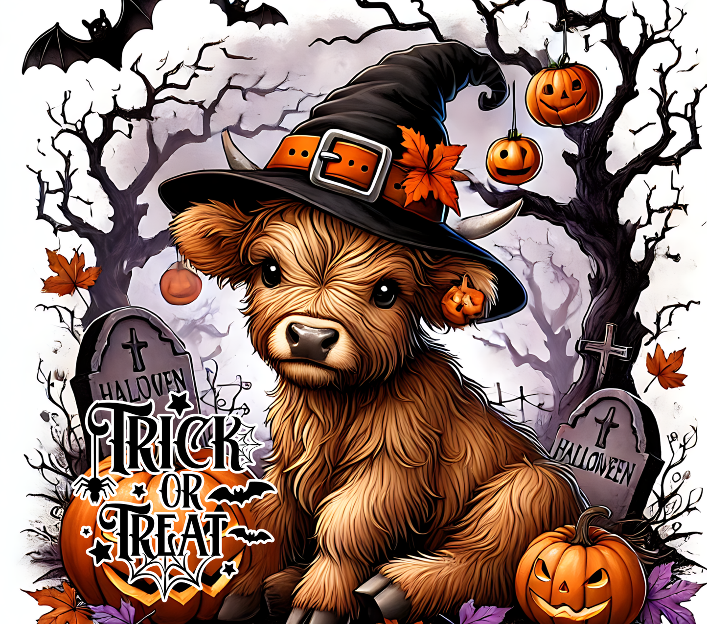 Rectangle Halloween themed metal wreath sign featuring a highland cow in a witch hat sitting in a graveyard with the text "trick or treat" by Monkey's Creations.