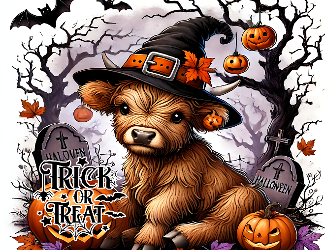 Rectangle Halloween themed metal wreath sign featuring a highland cow in a witch hat sitting in a graveyard with the text "trick or treat" by Monkey's Creations.