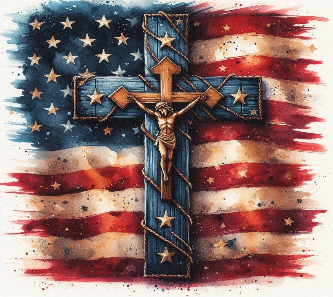 American flag with a cross and crucifixion image