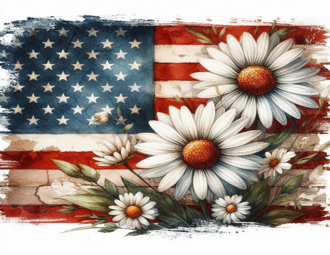 American flag with daisies and other flowers on a textured background