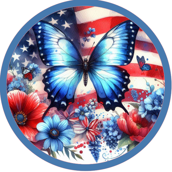 Blue butterfly, American flag, and flowers