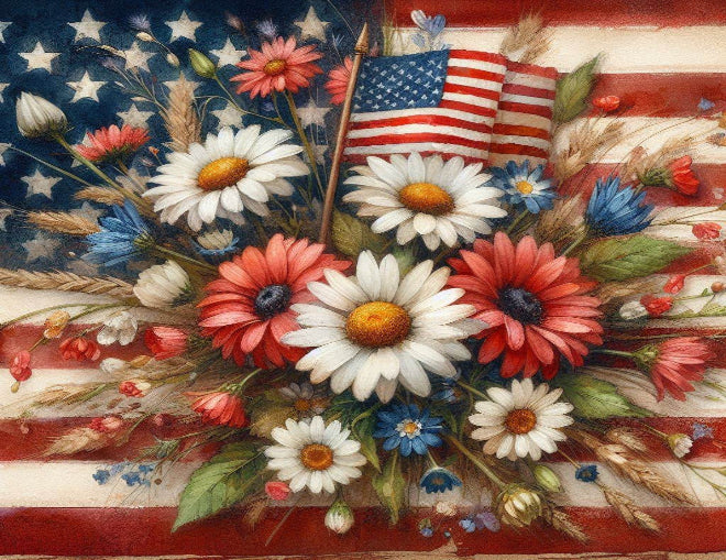 American flag with flowers on a colorful background