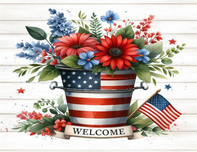 Decorative bucket with American flag design, flowers, and a small American flag on a wooden background.