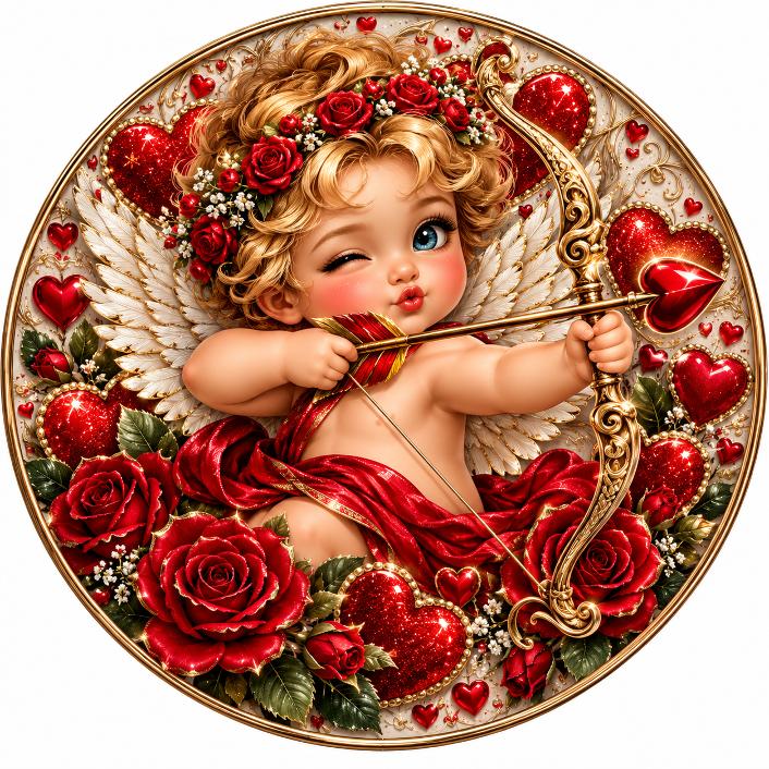Round metal wreath sign by Monkey's Creations featuring a baby cherub like cupid with angel wings and a bow and arrow, hearts and red roses.