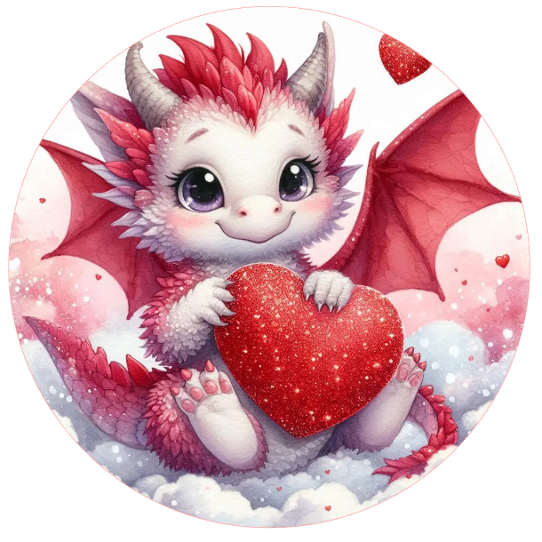 Cute dragon holding a red heart on a white background