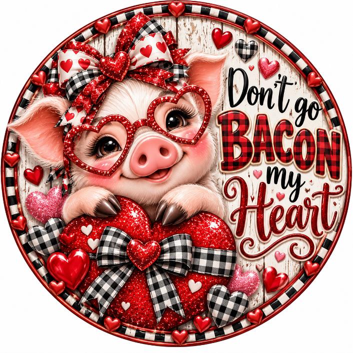 Round metal wreath sign featuring a pig wearing heart glasses, with hearts, black and white check bow and "don't go bacon my heart" by Monkey's Creations.