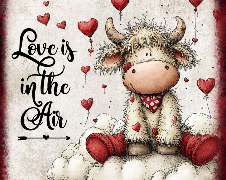 metal wreath sign with Cartoon cow with hearts and 'Love is in the Air' text on a white background