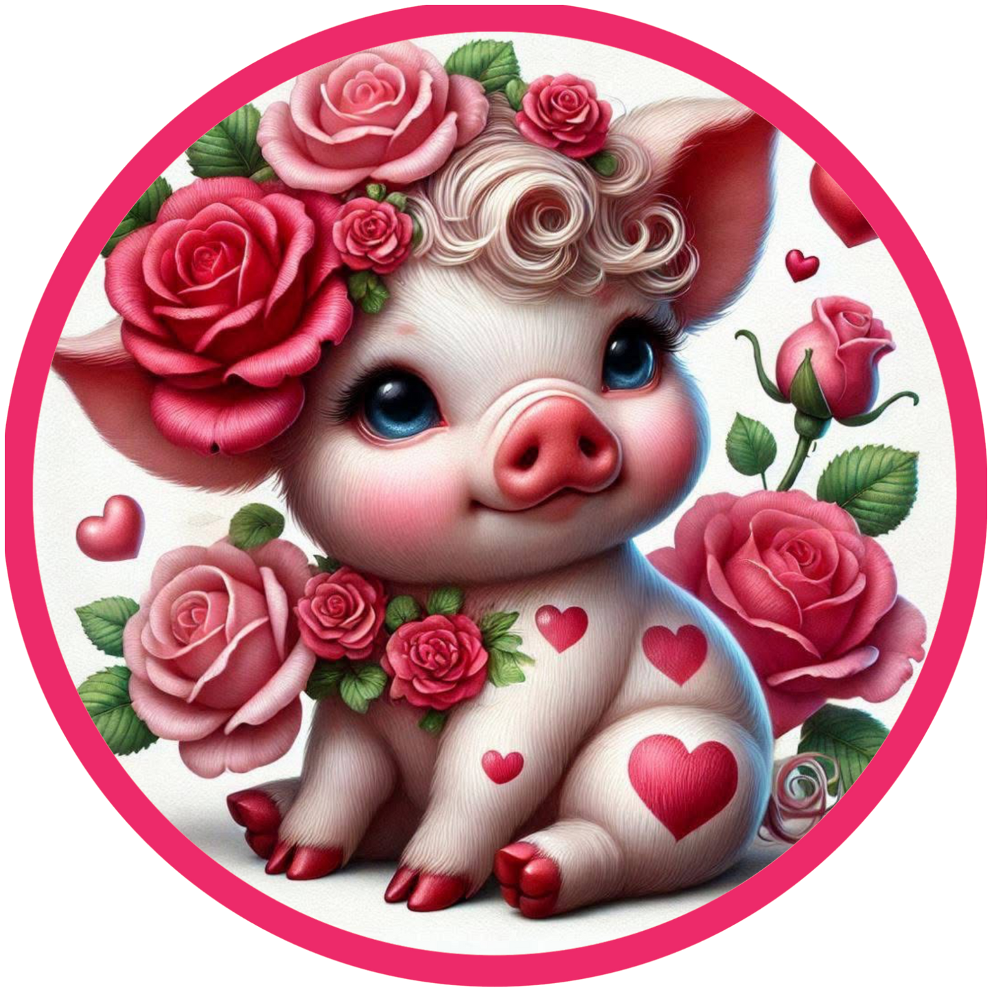 Round Wreath sign with cartoon pig with flowers and hearts