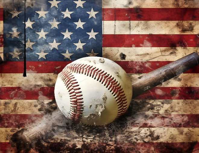 Baseball and bat on an American flag background