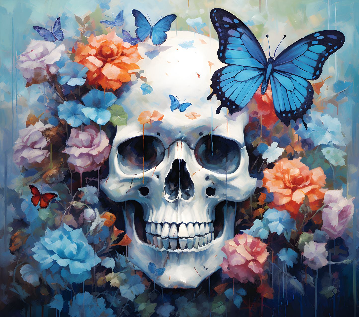 Rectangle Halloween themed watercolor metal wreath sign with a skull, flowers and butterflies by Monkey's Creations.