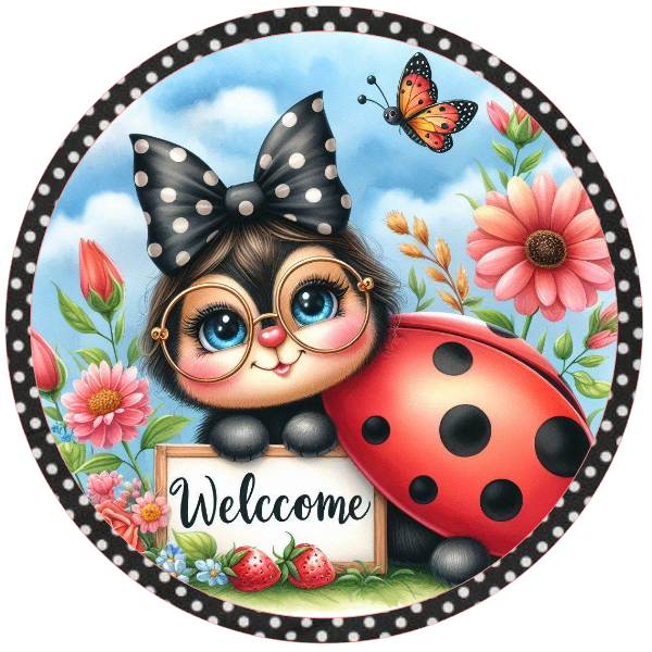 Ladybug wearing glasses and a polka dot bot with flowers and a welcome sign